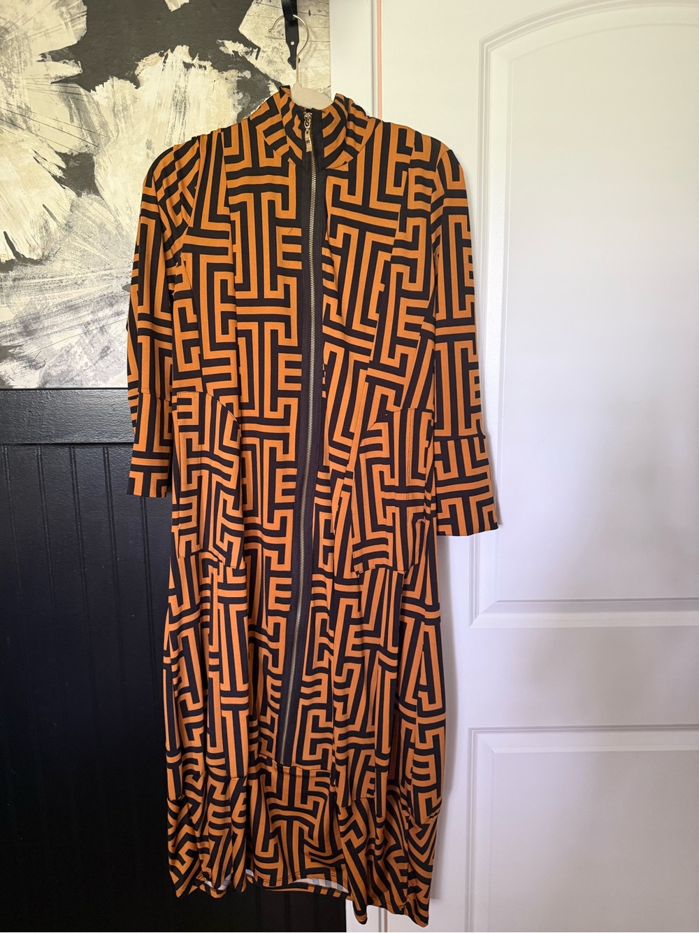 Geometric Print Orange & Black Maxi Dress with Front Zip